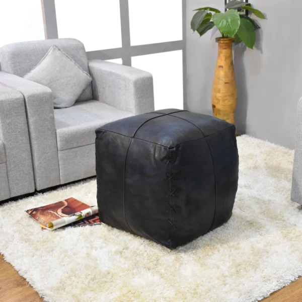 Đôn ngồi (pouf) vuông da dê thủ công màu xanh, ruột bông tái chế