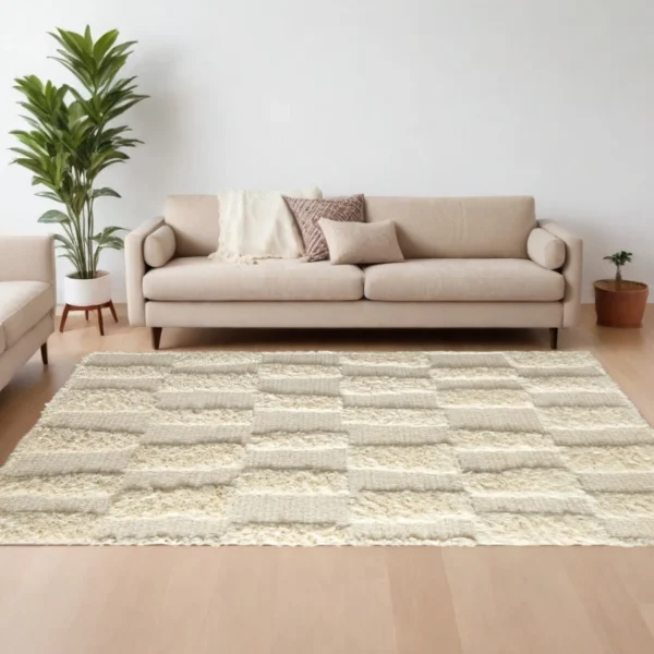 Thảm trải sàn len dệt tay 2,4m x 3m họa tiết hình học màu ngà