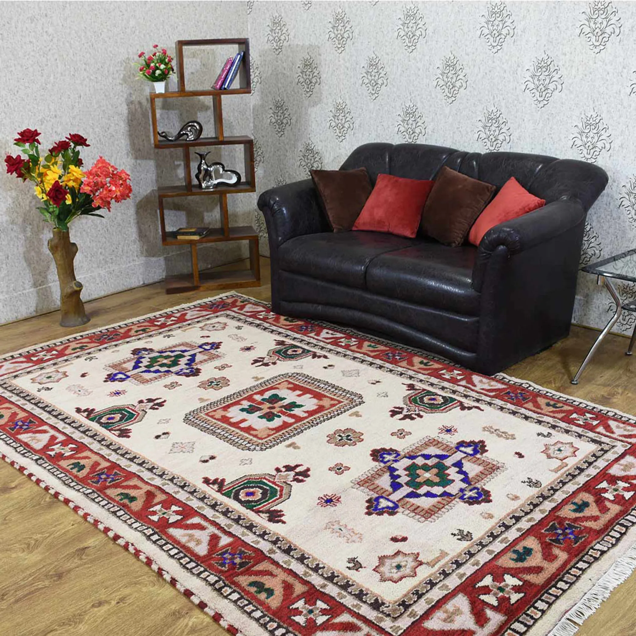 Thảm len pha lụa Afghan dệt thắt tay Rugsotic Carpets hoa văn Kazak