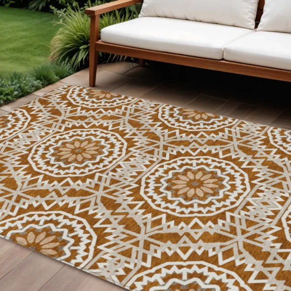 Thảm trải sàn giặt được 3m x 4,3m họa tiết hoa văn tròn màu cam đồng và be