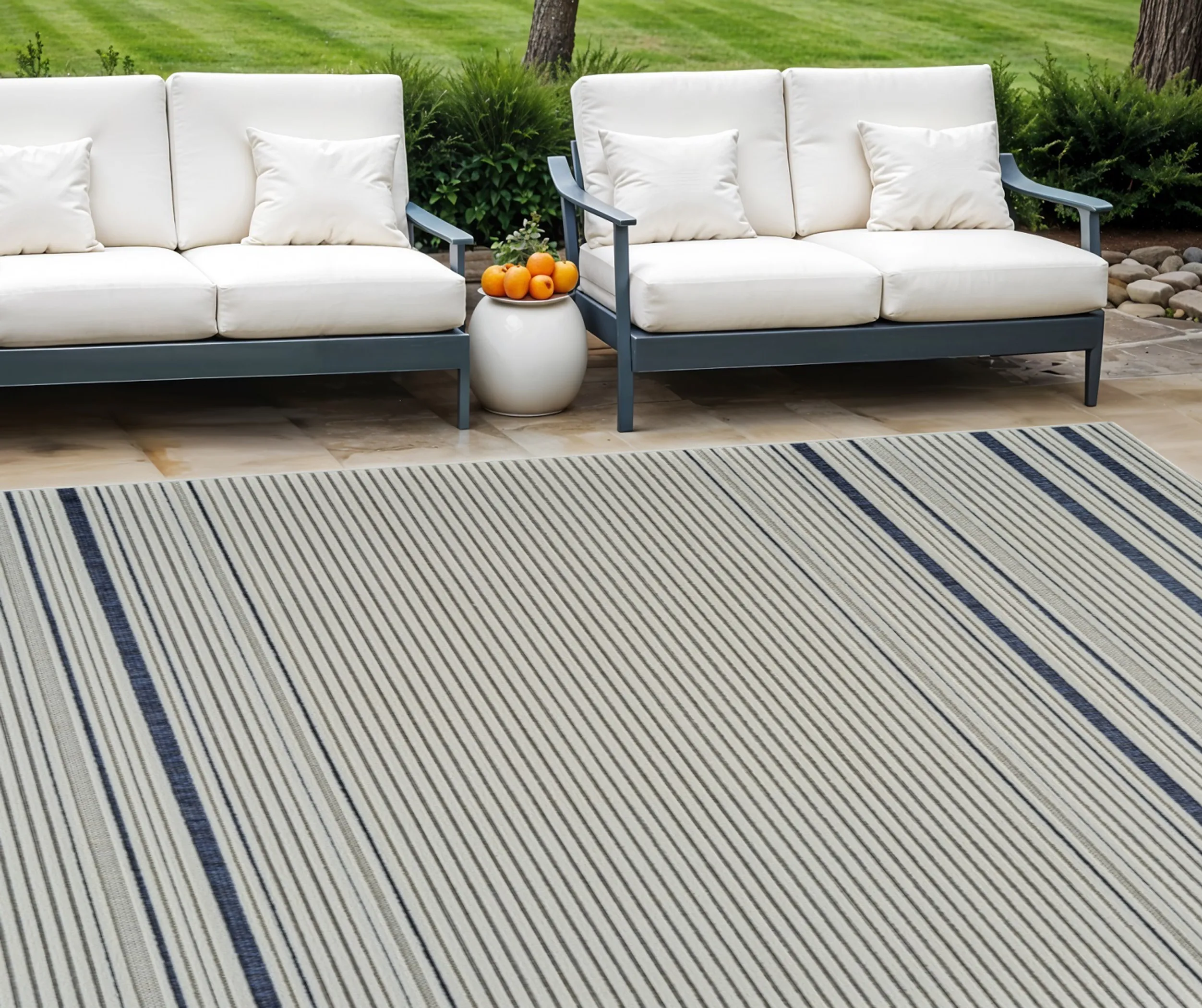 Thảm trải sàn 1,8m x 2,7m họa tiết kẻ sọc phong cách cũ kỹ màu xanh và kem