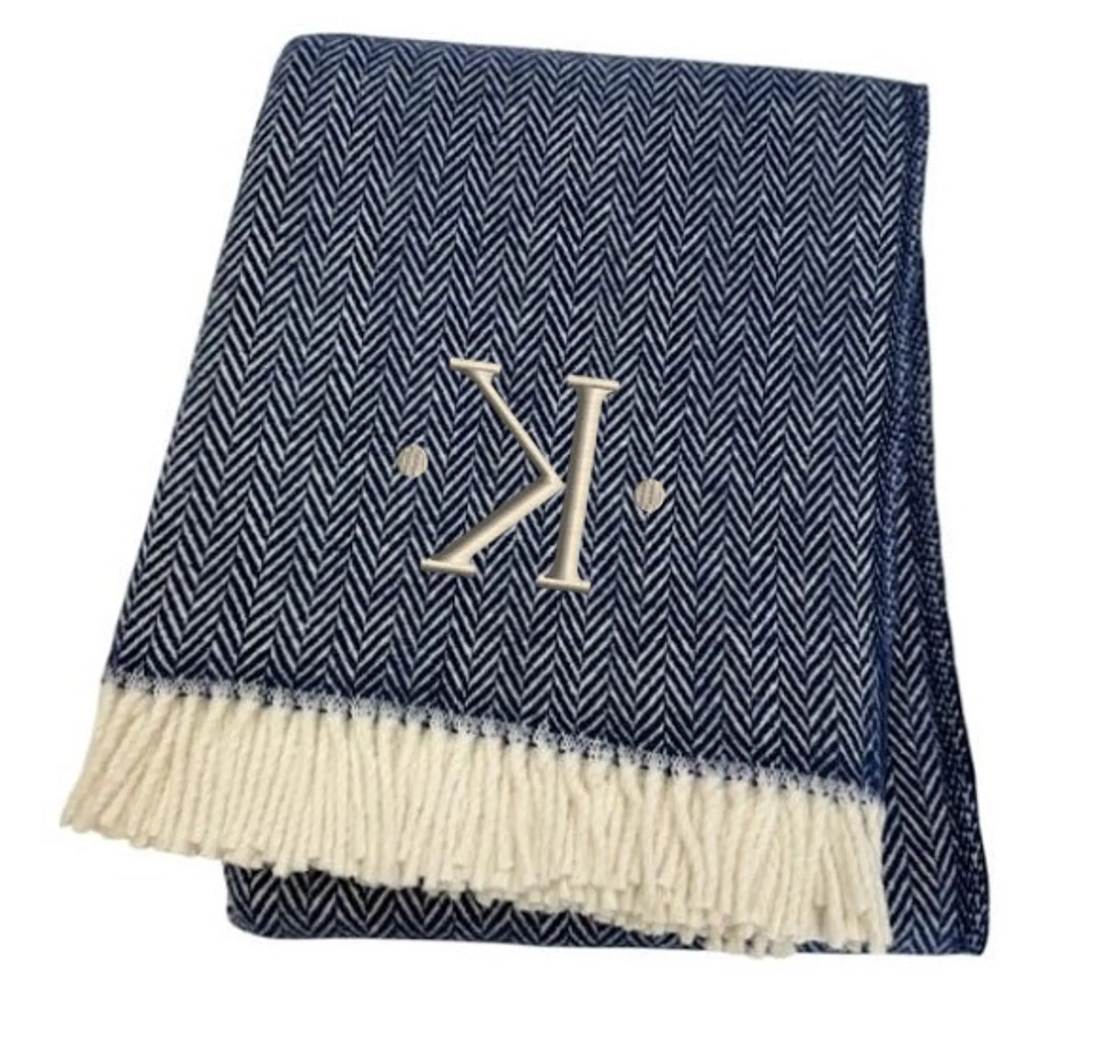 Chăn cotton pha dệt xương cá thêu chữ K màu xanh navy trắng, viền tua rua - Ảnh 4