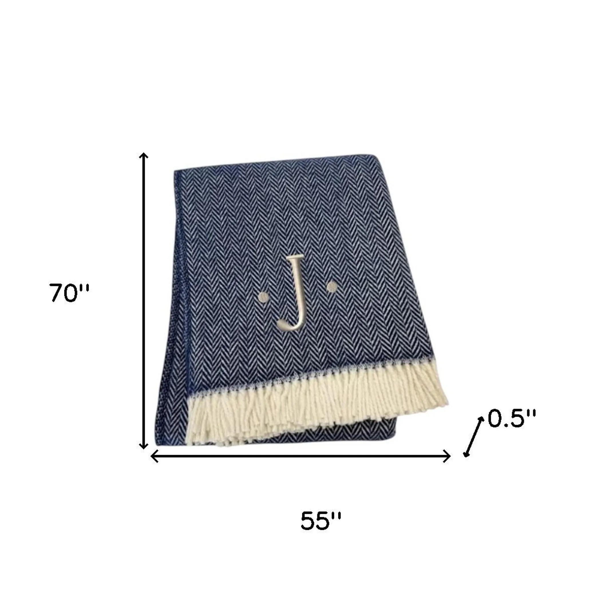 Chăn cotton pha dệt xương cá thêu chữ J màu xanh navy trắng, viền tua rua - Ảnh 5