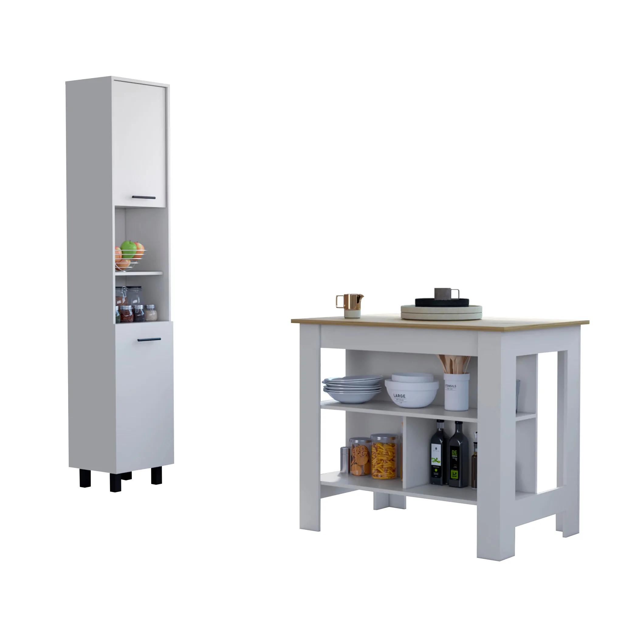 Bộ bếp Houston 2 món: đảo bếp và tủ đựng thực phẩm, màu trắng phối gỗ sồi sáng - Ảnh 2