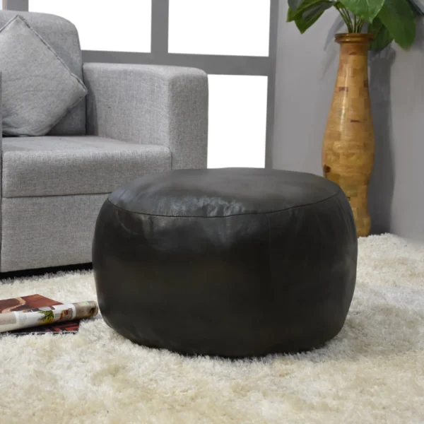 Đôn ngồi (pouf) tròn da dê thủ công màu xanh lá, ruột bông tái chế