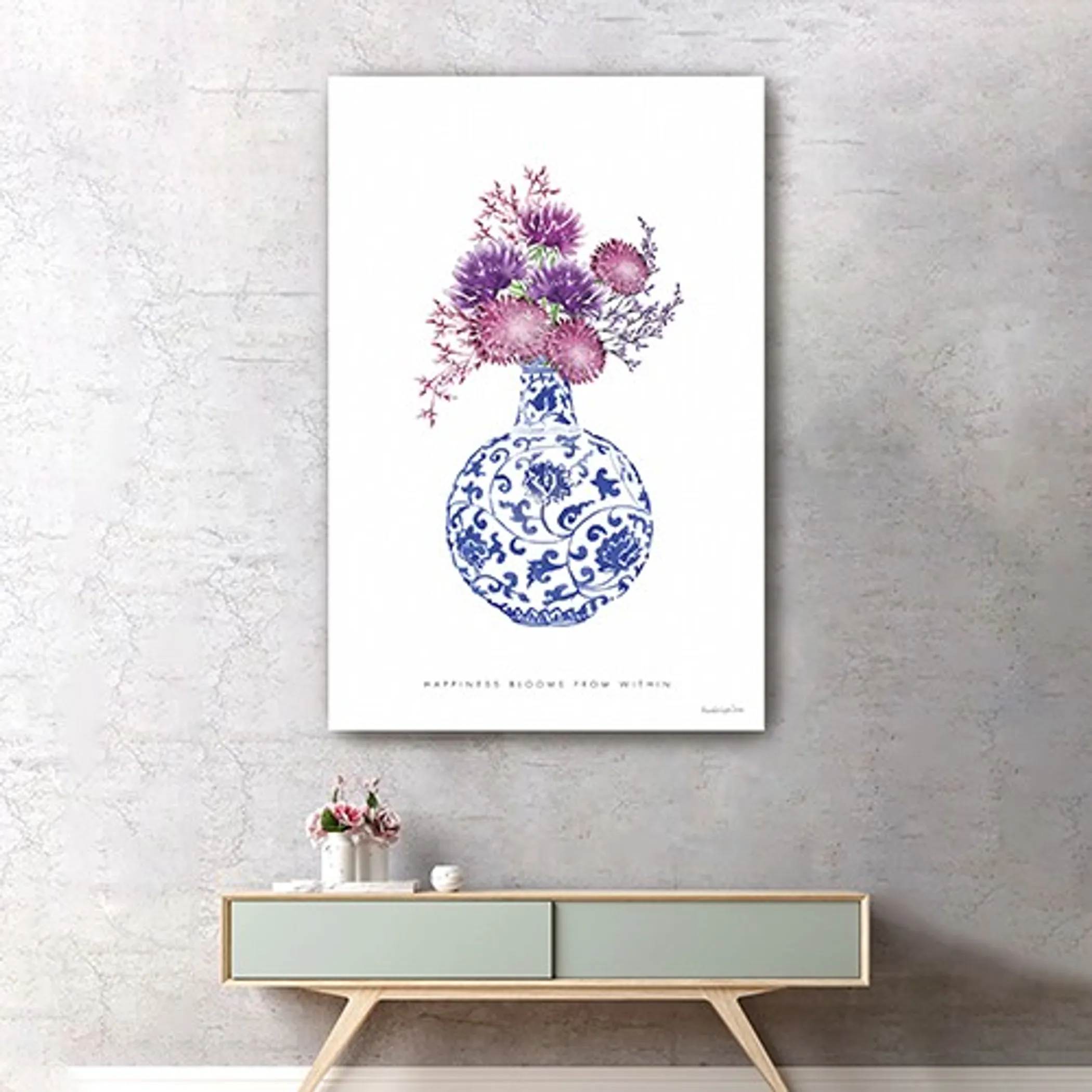 Tranh canvas bình hoa xanh trắng chủ đề Happiness 122cm x 81cm - Ảnh 4