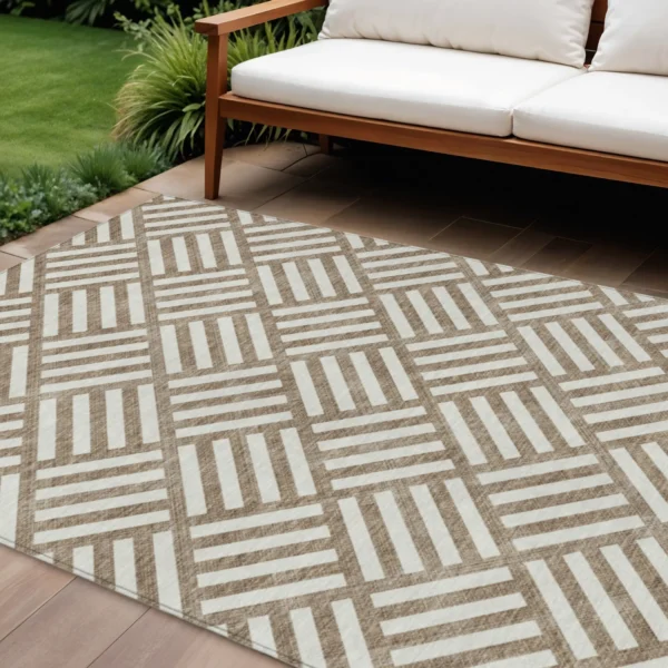 Thảm trải sàn giặt được 3m x 4,3m họa tiết hình học màu nâu và ngà