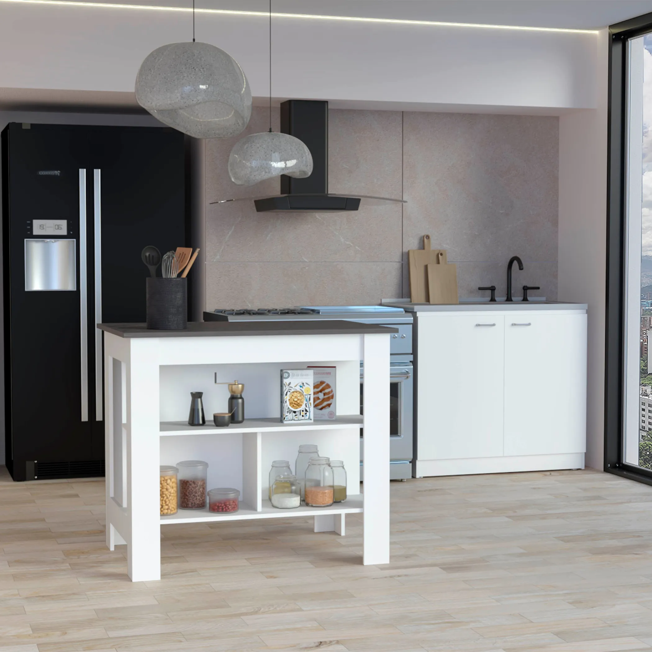 Bộ bếp Cala: đảo bếp và tủ máy rửa chén, màu trắng phối onyx