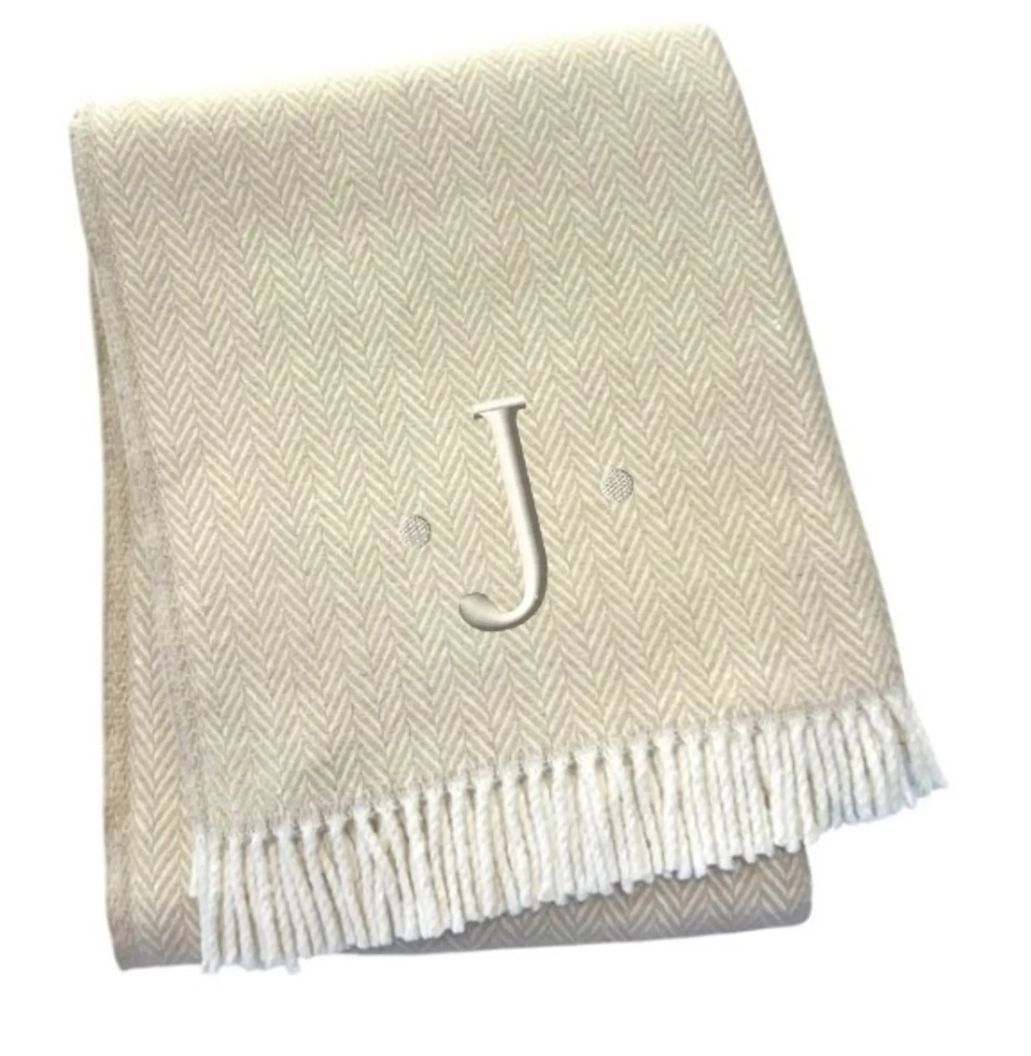 Chăn cotton pha dệt xương cá thêu chữ J màu lanh trắng, viền tua rua - Ảnh 3