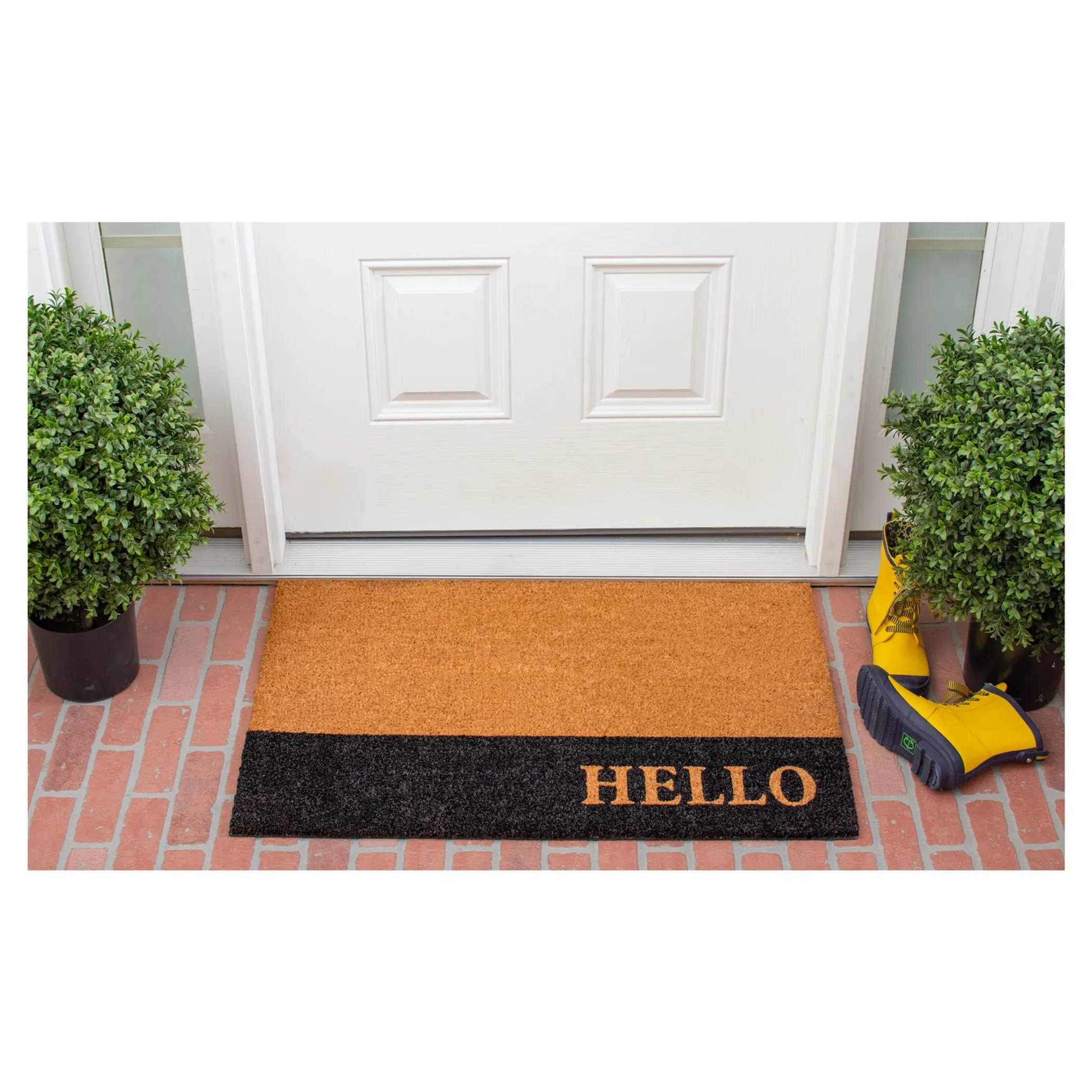 Thảm chùi chân xơ dừa Calloway Mills chữ Hello viền sọc đen - Ảnh 2