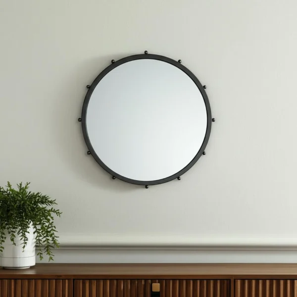 Gương tròn trang trí khung kim loại đen đính hạt 64cm