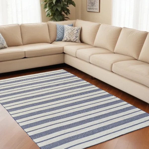 Thảm dhurrie dệt tay chống bám bẩn 2,4m x 3,35m sọc xanh và ngà