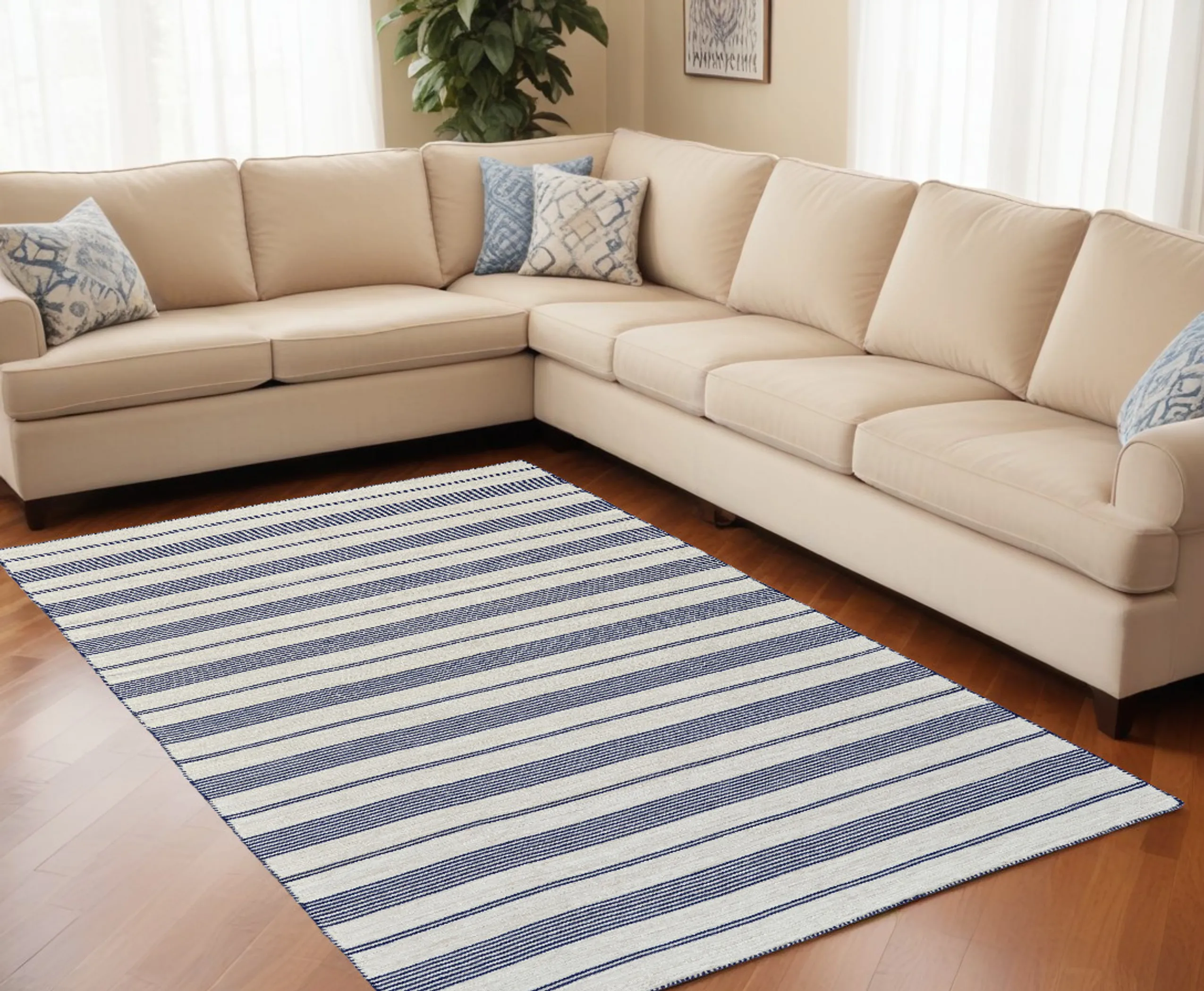 Thảm dhurrie dệt tay chống bám bẩn 2,4m x 3,35m sọc xanh và ngà