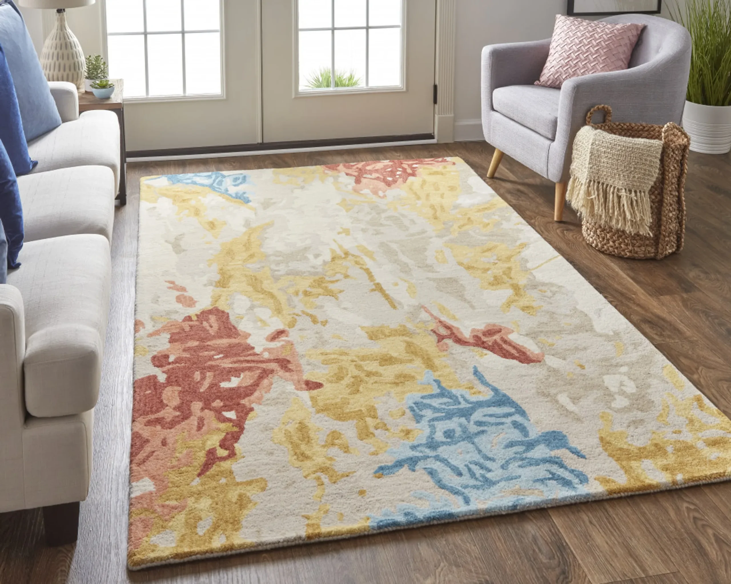 Thảm trải sàn len dệt tay chống bám bẩn 2,4m x 3m trừu tượng ngà vàng xanh - Ảnh 5