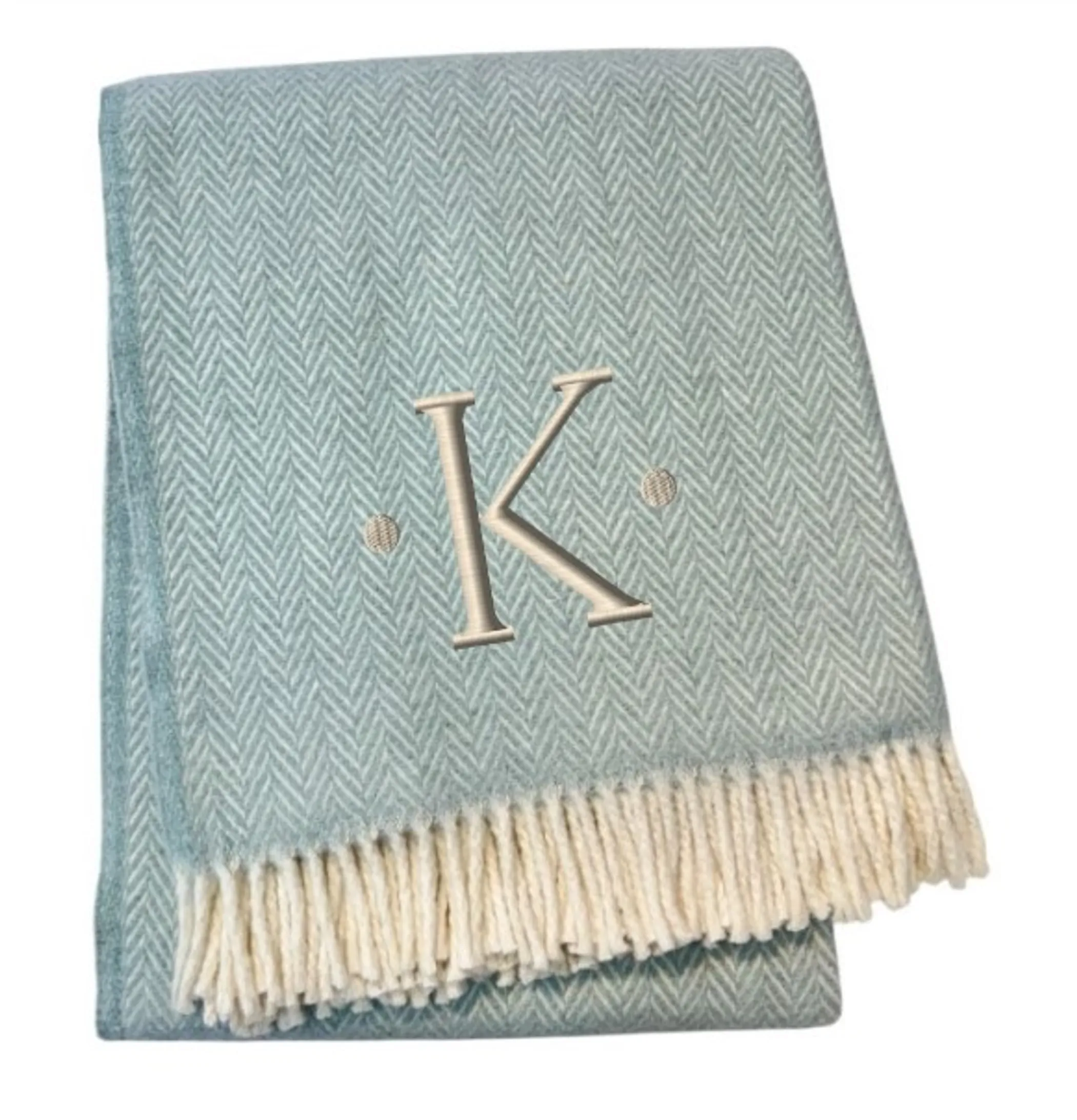 Chăn cotton pha dệt xương cá thêu chữ K màu xanh da trời trắng, viền tua rua - Ảnh 3