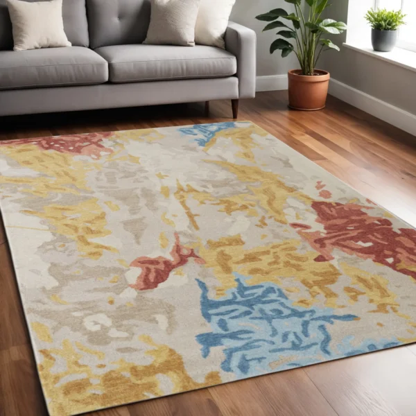 Thảm trải sàn len chần tay 1,5m x 2,4m họa tiết trừu tượng màu ngà và xanh