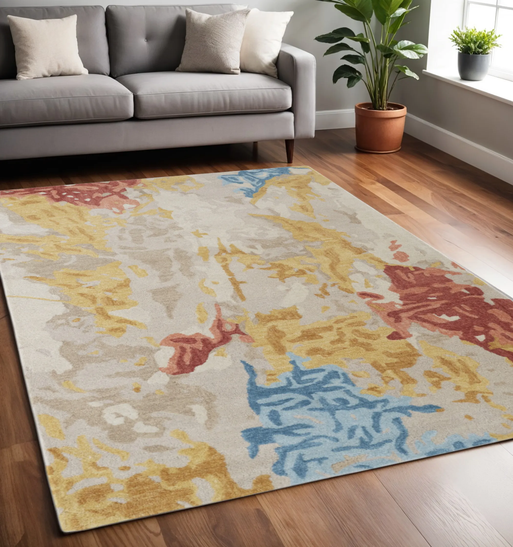 Thảm trải sàn len chần tay 1,5m x 2,4m họa tiết trừu tượng màu ngà và xanh