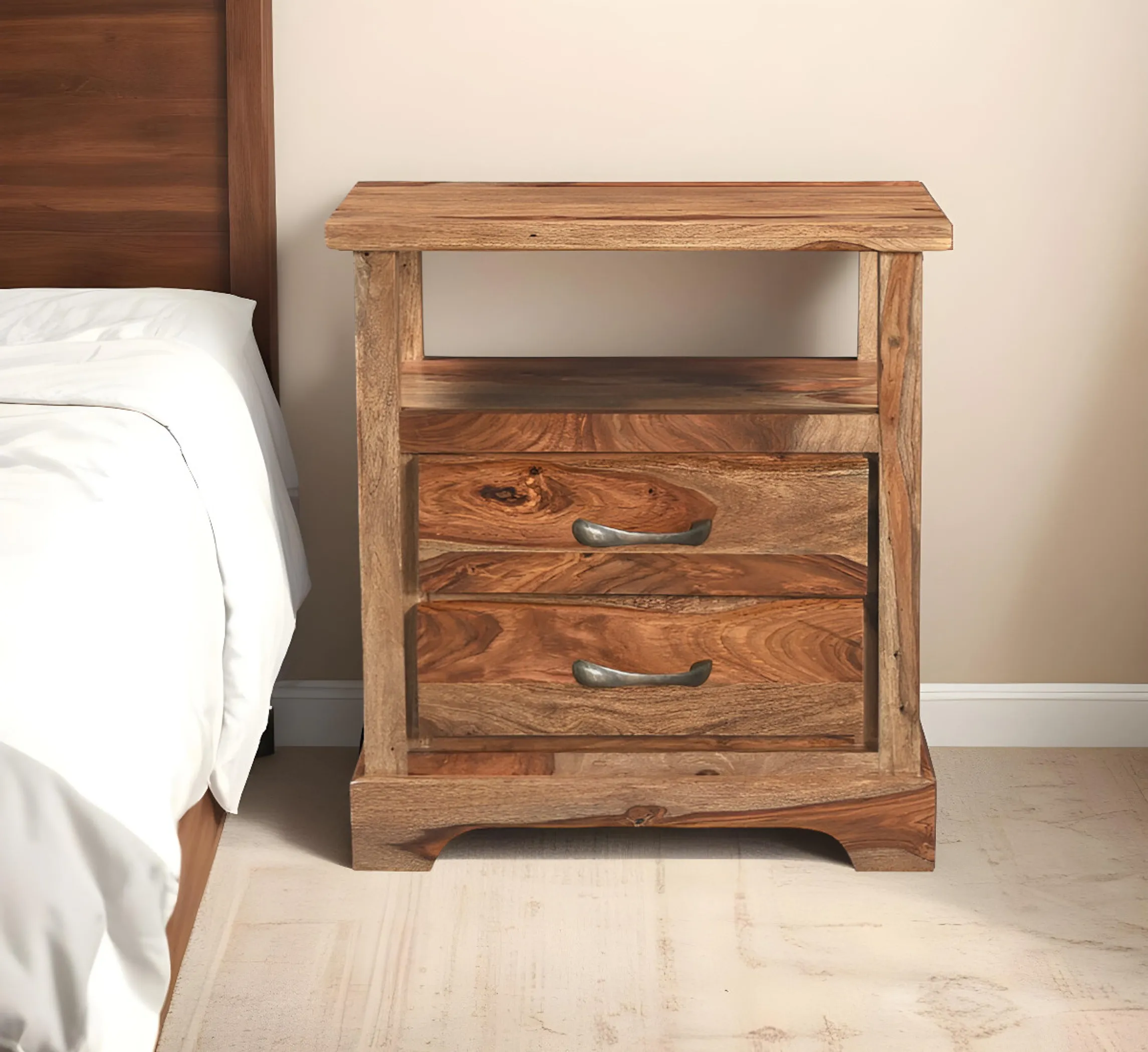 Tủ đầu giường gỗ tự nhiên 69cm hai ngăn kéo màu nâu