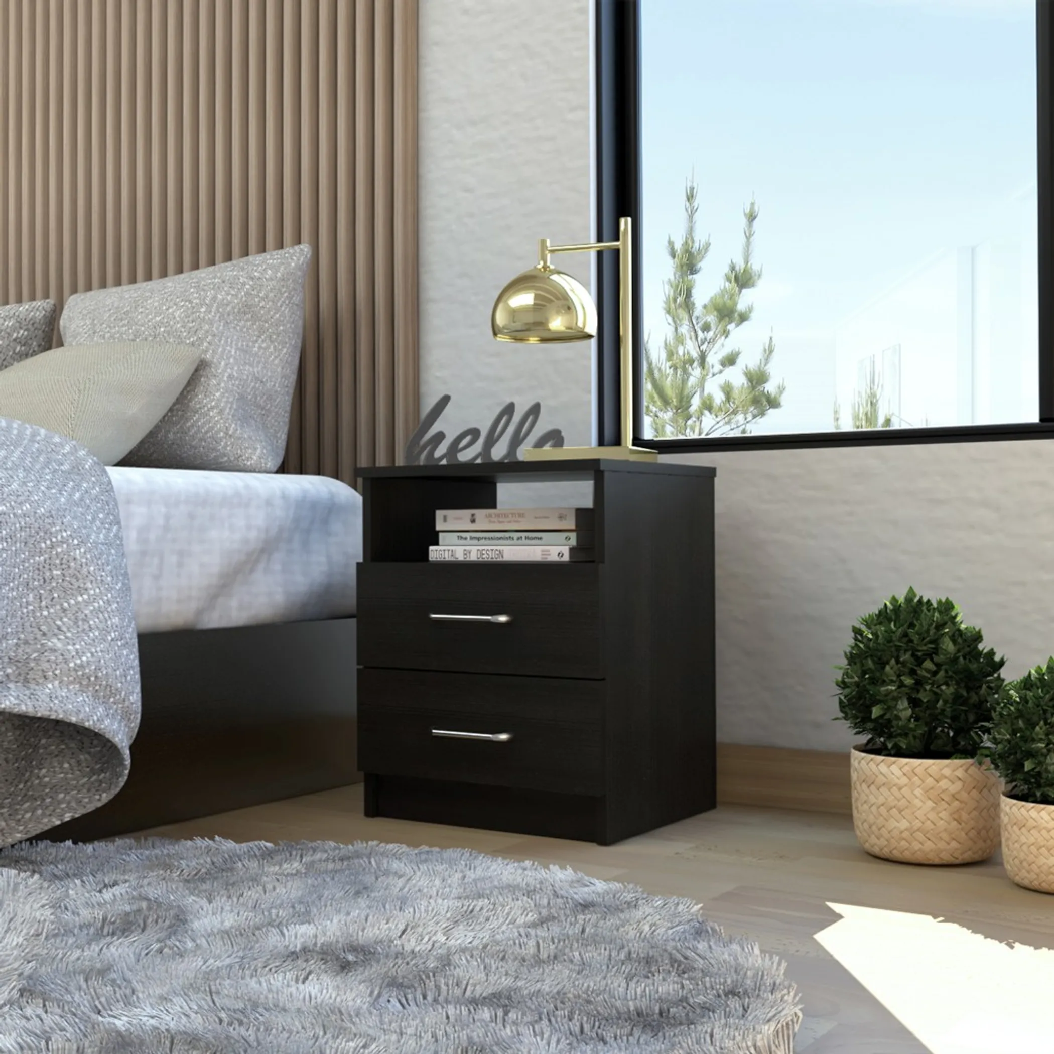 Tủ đầu giường 2 ngăn kéo kèm hộc mở màu nâu - Ảnh 4