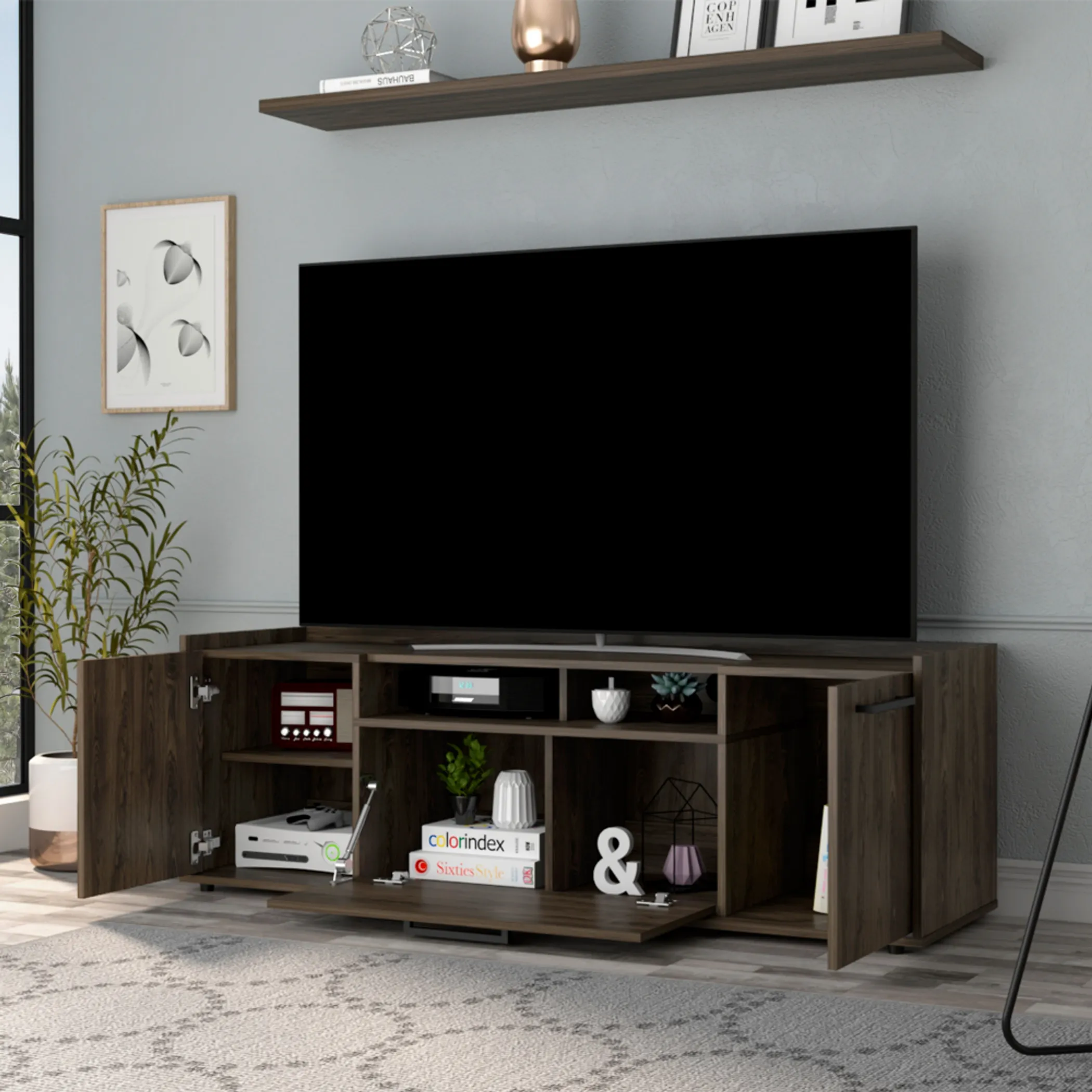 Kệ tivi Lyon cho tivi đến 55 inch, tủ hai cánh, màu gỗ óc chó sẫm - Ảnh 2