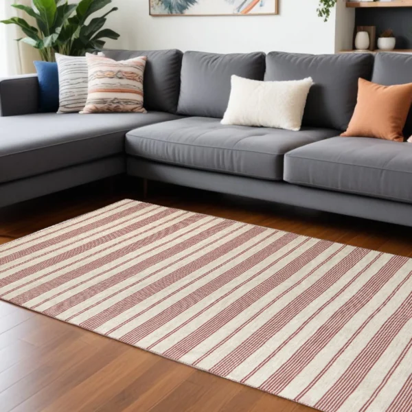 Thảm dhurrie dệt tay chống bám bẩn 3m x 4,3m kẻ sọc đỏ ngà