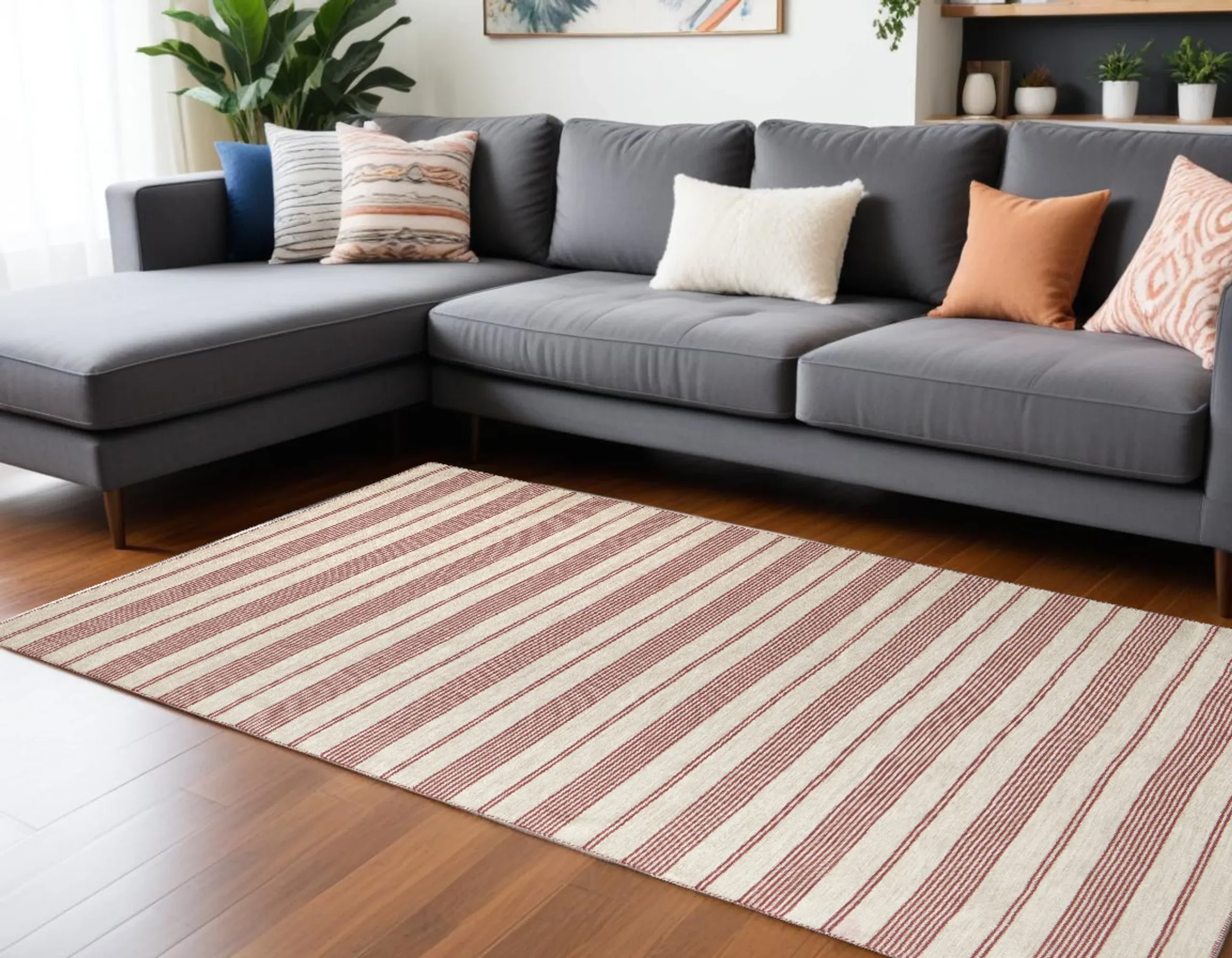 Thảm dhurrie dệt tay chống bám bẩn 3m x 4,3m kẻ sọc đỏ ngà