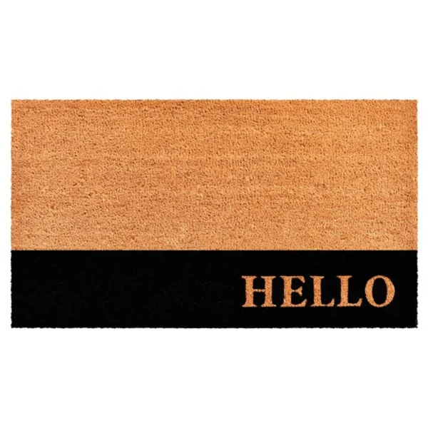 Thảm chùi chân xơ dừa Calloway Mills chữ Hello viền sọc đen