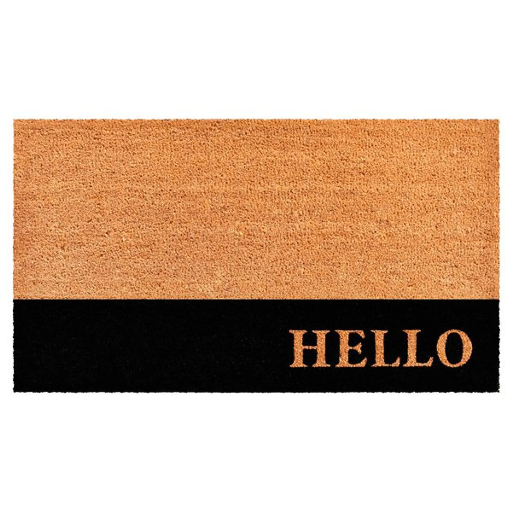 Thảm chùi chân xơ dừa Calloway Mills chữ Hello viền sọc đen