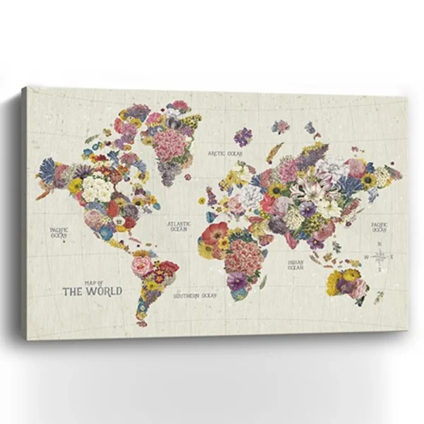Tranh canvas bản đồ thế giới họa tiết hoa vui nhộn 122cm x 81cm