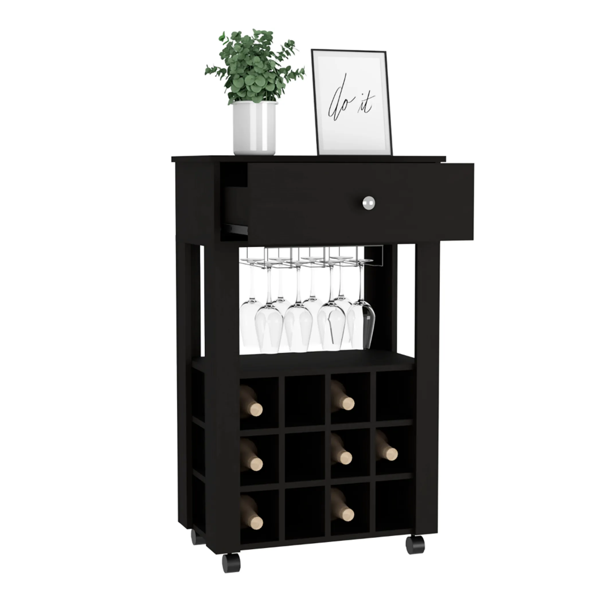 Xe đẩy quầy bar Memphis 12 ô để rượu vang, 4 chân, 1 kệ mở - Ảnh 2