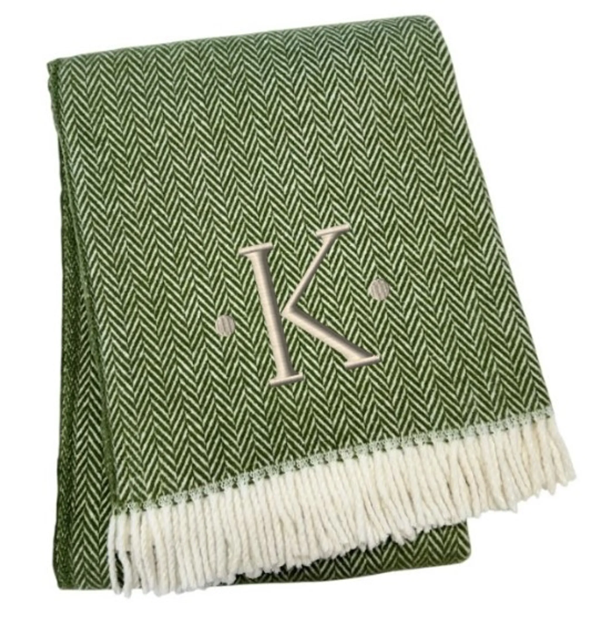 Chăn cotton pha dệt xương cá thêu chữ K màu xanh rêu trắng, viền tua rua - Ảnh 3