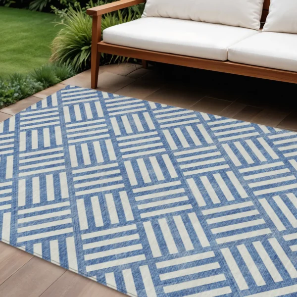 Thảm trải sàn giặt được 3m x 4,3m họa tiết hình học màu xanh dương và ngà