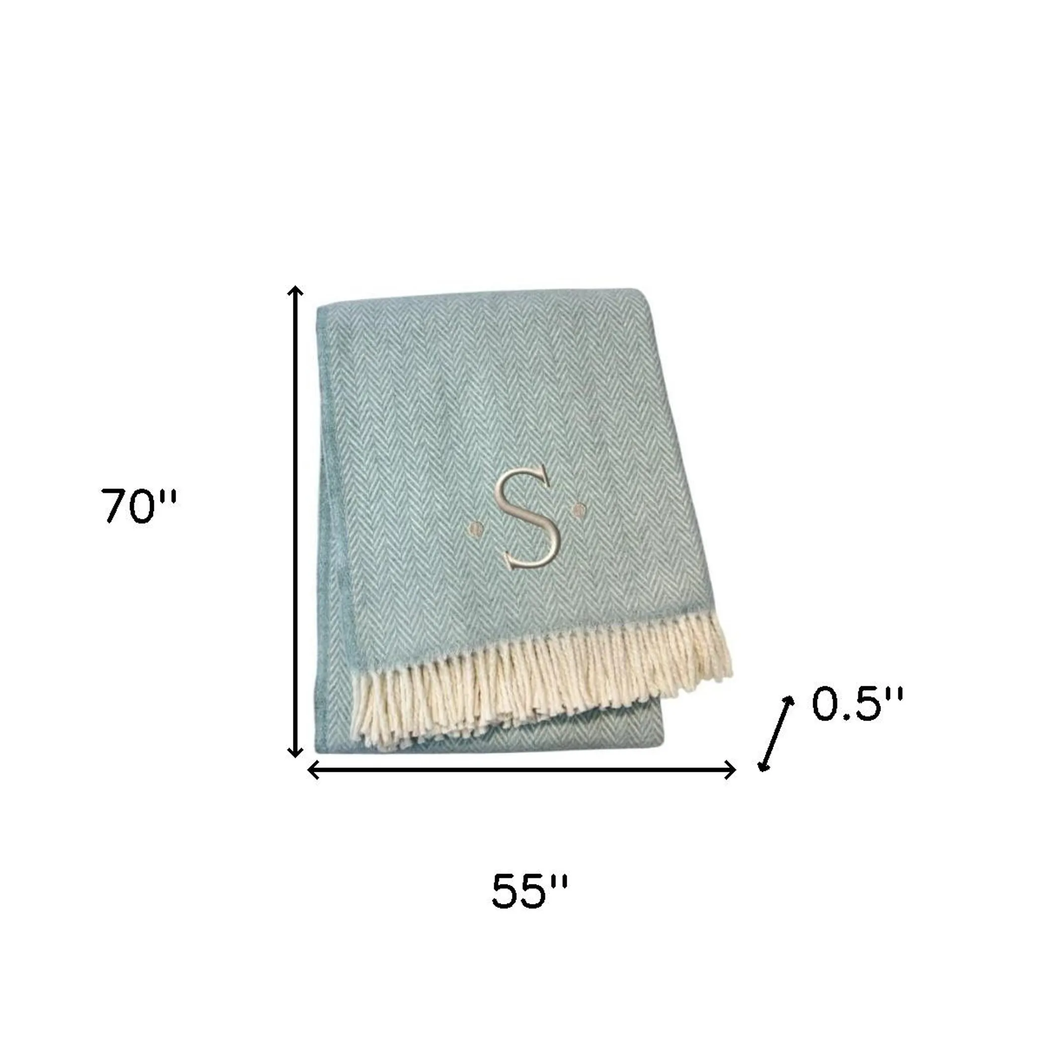 Chăn cotton pha dệt xương cá thêu chữ S màu xanh da trời trắng, viền tua rua - Ảnh 6