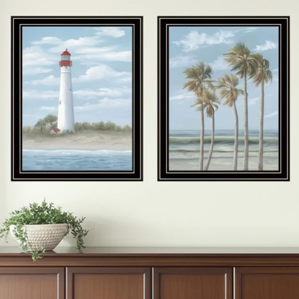 Bộ hai tranh treo tường khung đen hải đăng Cape May và hàng dừa
