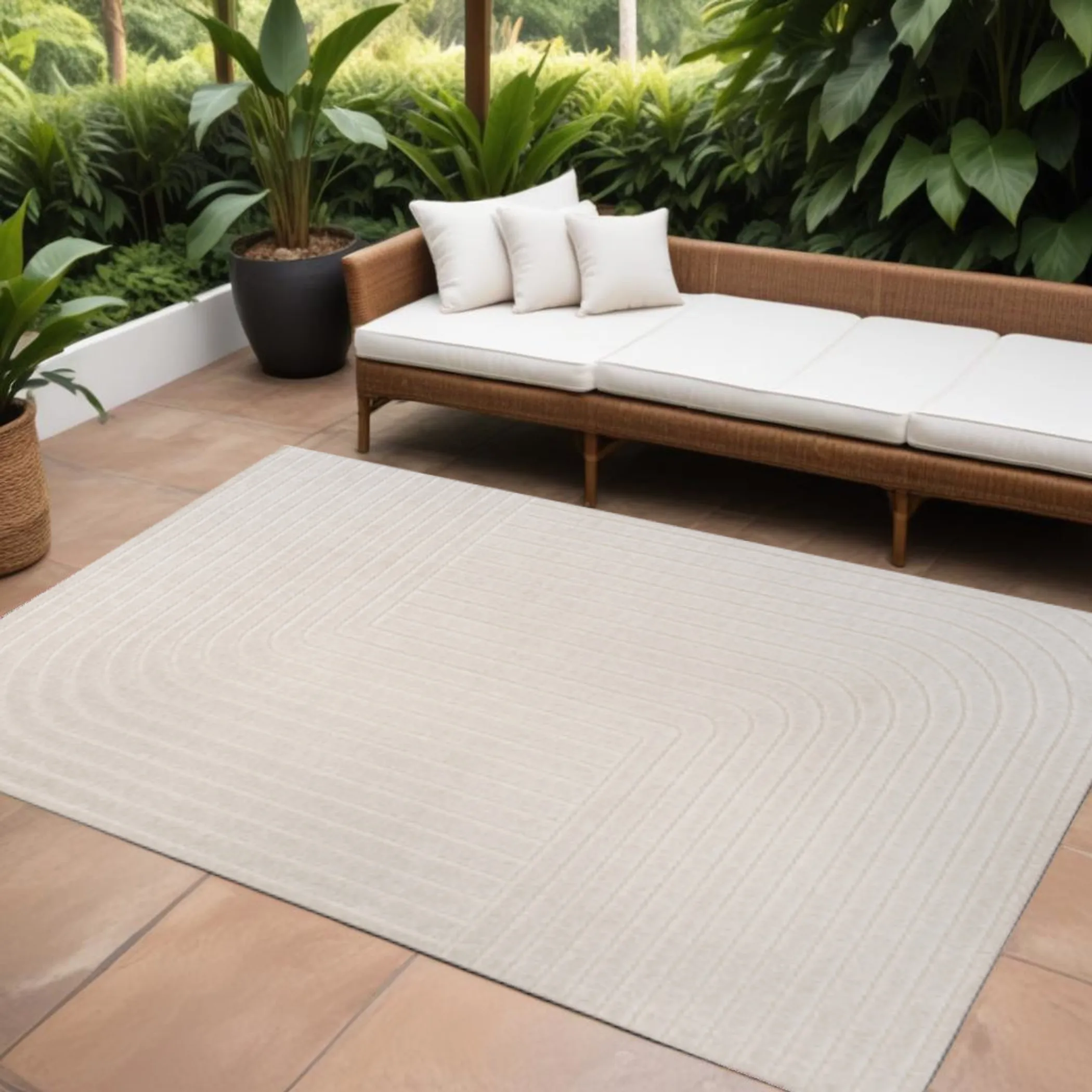 Thảm trải sàn trong nhà ngoài trời họa tiết sọc màu ngà kem 3,7m x 5,5m