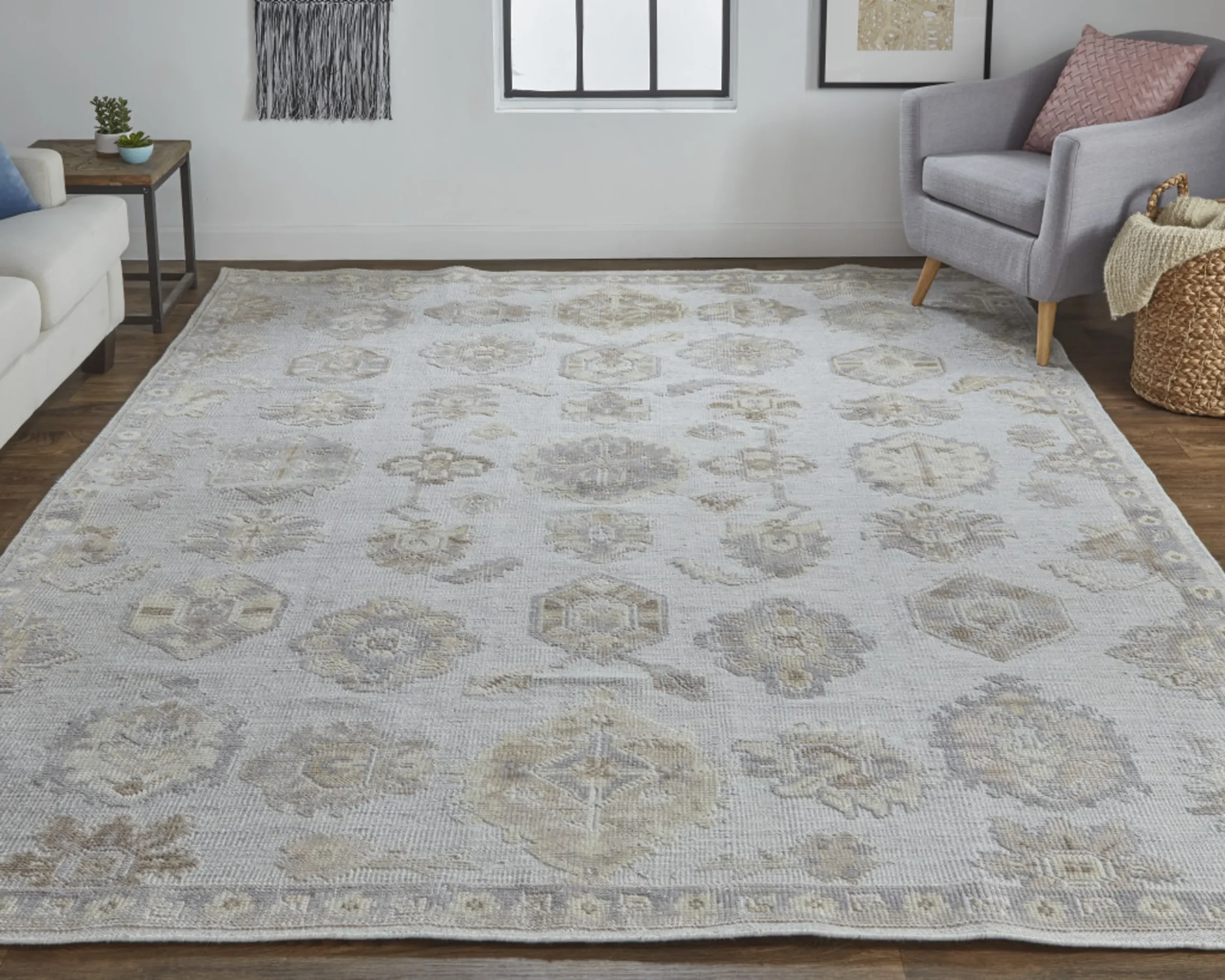 Thảm trải sàn dệt thắt tay 1,5m x 2,4m họa tiết hoa màu xám và ngà - Ảnh 6