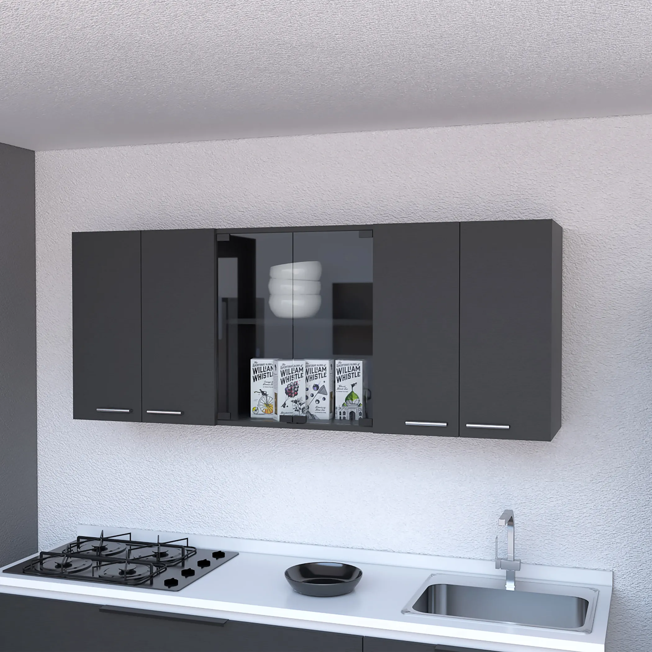 Tủ bếp treo tường gỗ màu đen 150cm sáu cánh - Ảnh 5