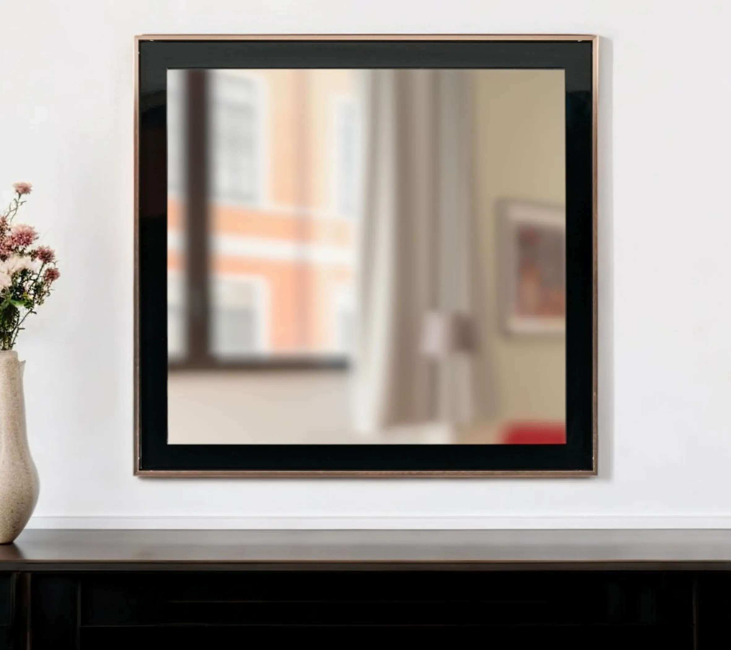 Gương trang trí khung gỗ và kim loại màu vàng hồng phối đen 99cm