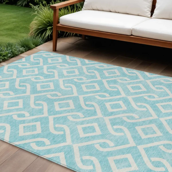 Thảm trải sàn giặt được 3m x 4,3m họa tiết hình học màu xanh ngọc và ngà
