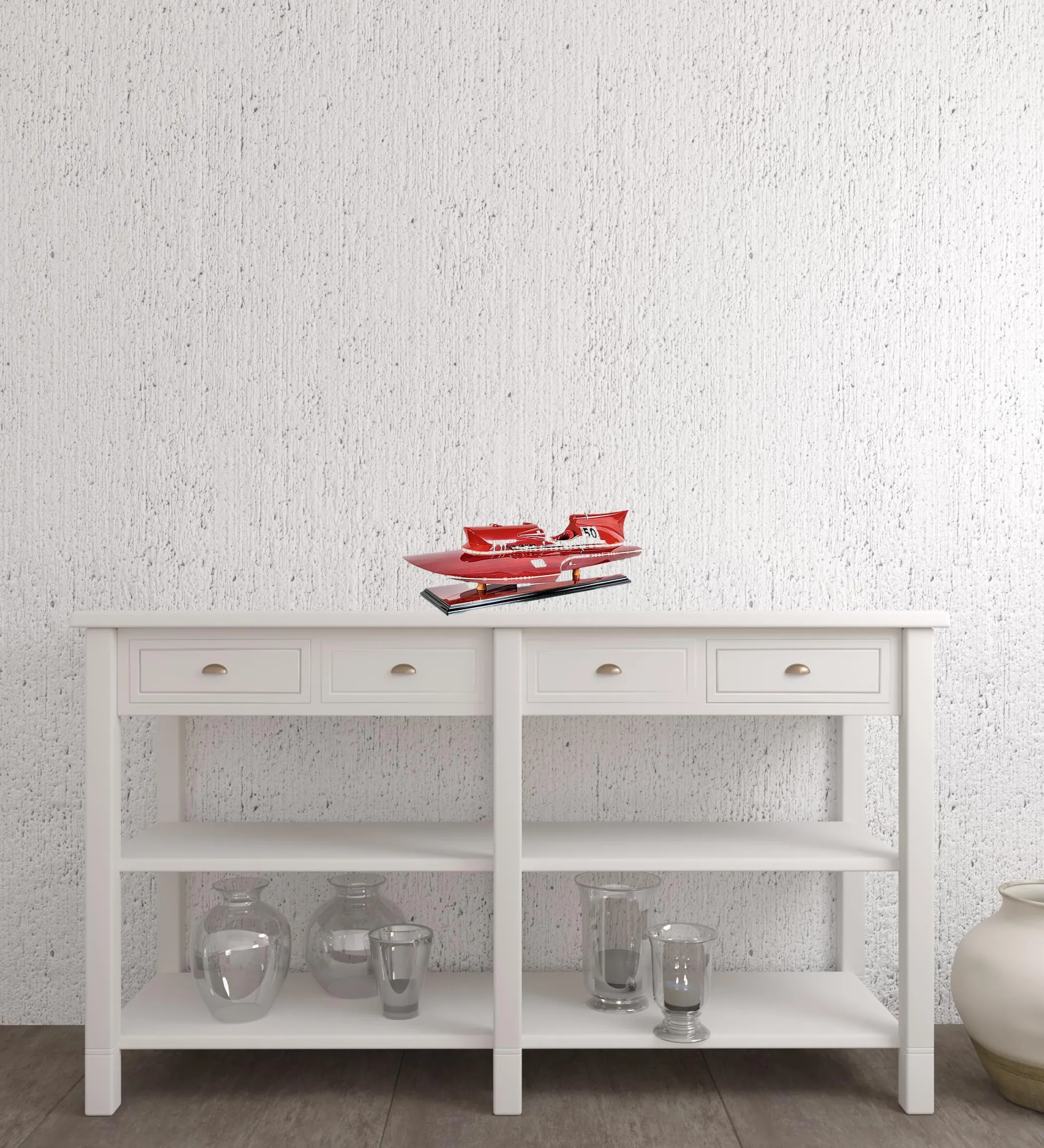 Mô hình thuyền trang trí gỗ công nghiệp sơn vẽ tay màu đỏ 18cm - Ảnh 2