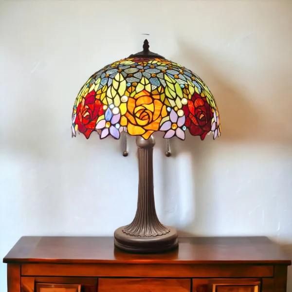 Đèn bàn kiểu chân nến 2 bóng kim loại nâu sẫm 61cm chụp màu cam
