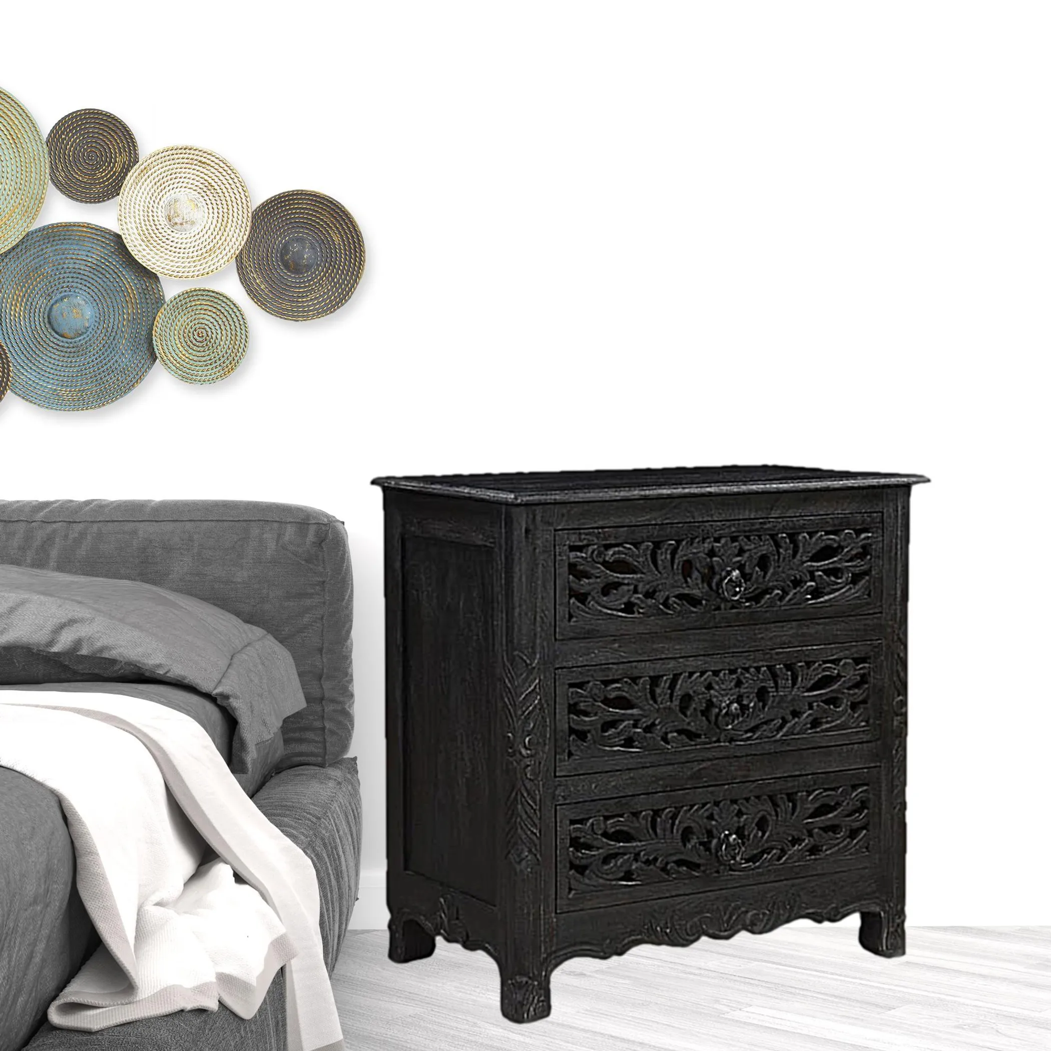 Tủ đầu giường gỗ tự nhiên 76cm ba ngăn kéo màu đen phong cách cũ kỹ - Ảnh 6