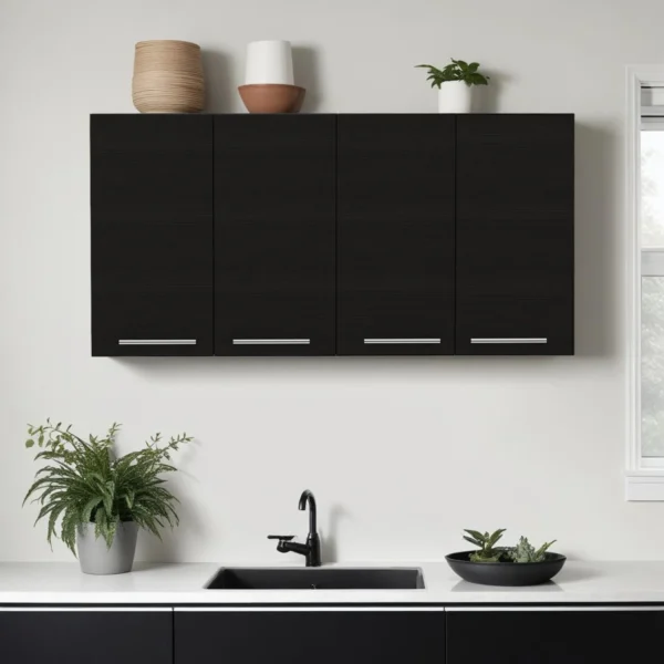 Tủ trang trí treo tường gỗ đen rộng 119cm với bốn cánh