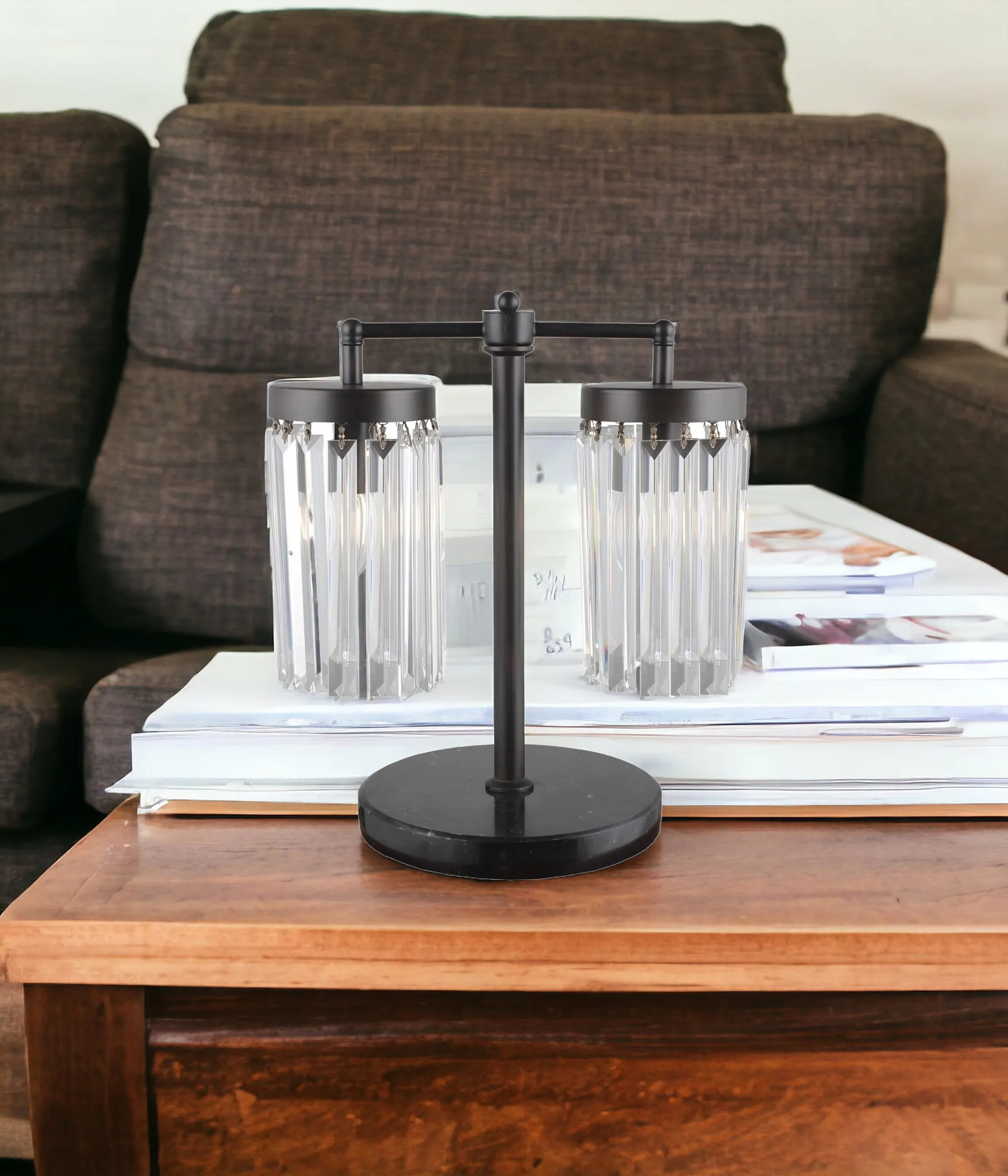 Đèn ngủ đầu giường 2 bóng 46cm khung sắt đen chụp trụ pha lê trong - Ảnh 2
