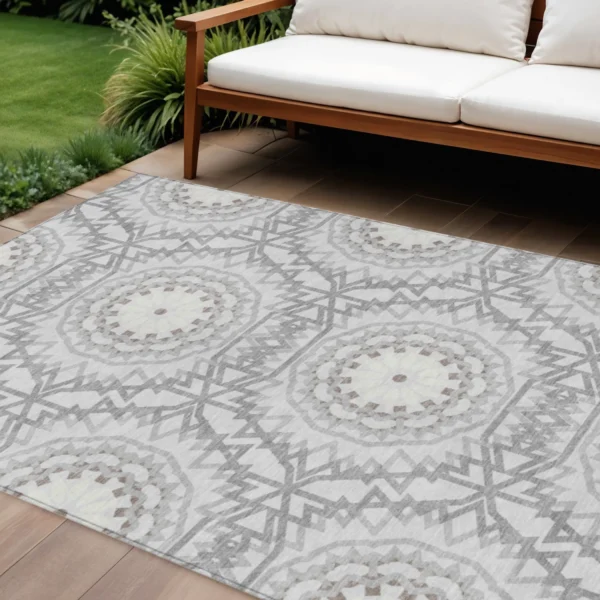 Thảm trải sàn giặt được 3m x 4,3m họa tiết hoa văn tròn màu bạc, ngà và xám