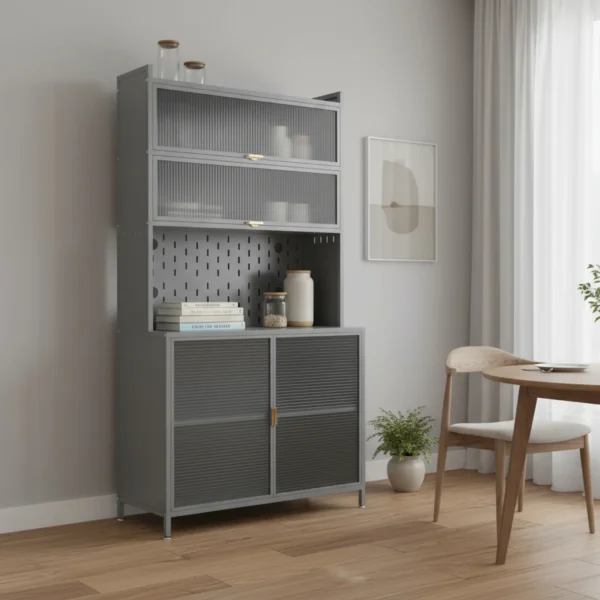 Tủ bày chén đĩa cửa vân nổi thép không gỉ hai cánh