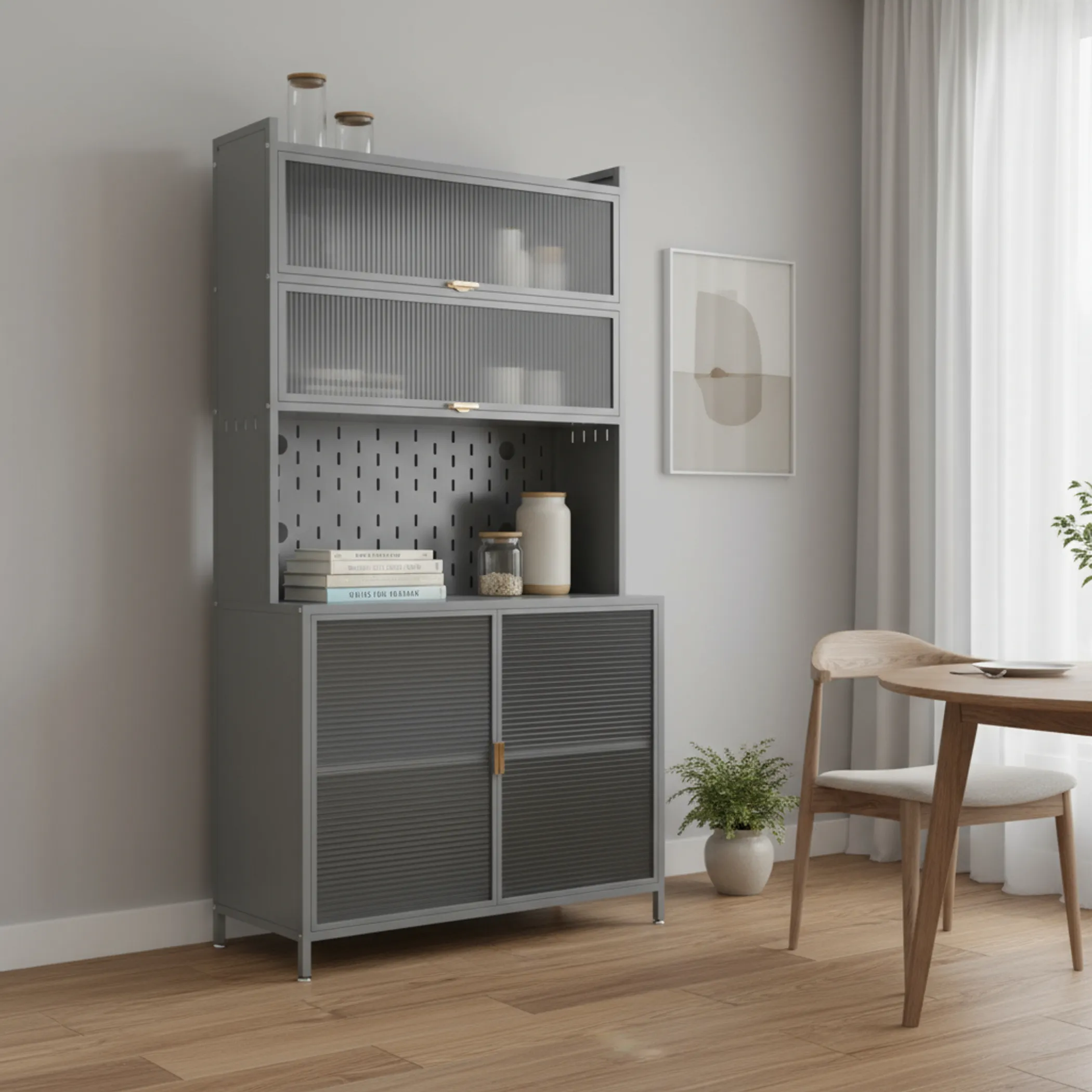 Tủ bày chén đĩa cửa vân nổi thép không gỉ hai cánh