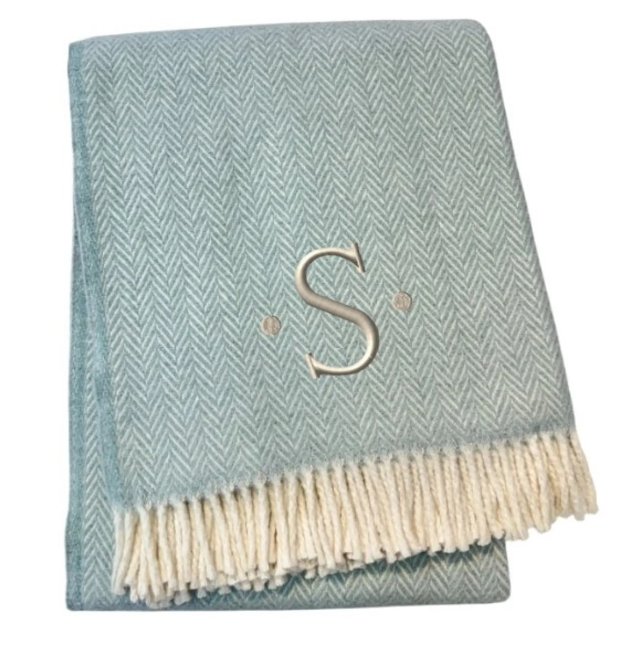 Chăn cotton pha dệt xương cá thêu chữ S màu xanh da trời trắng, viền tua rua