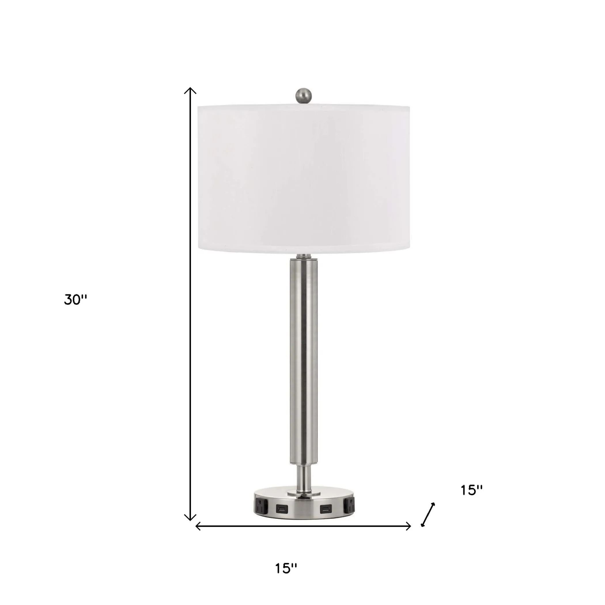 Đèn bàn trụ tròn kim loại mạ niken 76cm có cổng USB, chụp vải trắng - Ảnh 5
