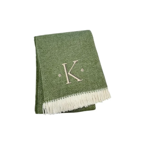 Chăn cotton pha dệt xương cá thêu chữ K màu xanh rêu trắng, viền tua rua
